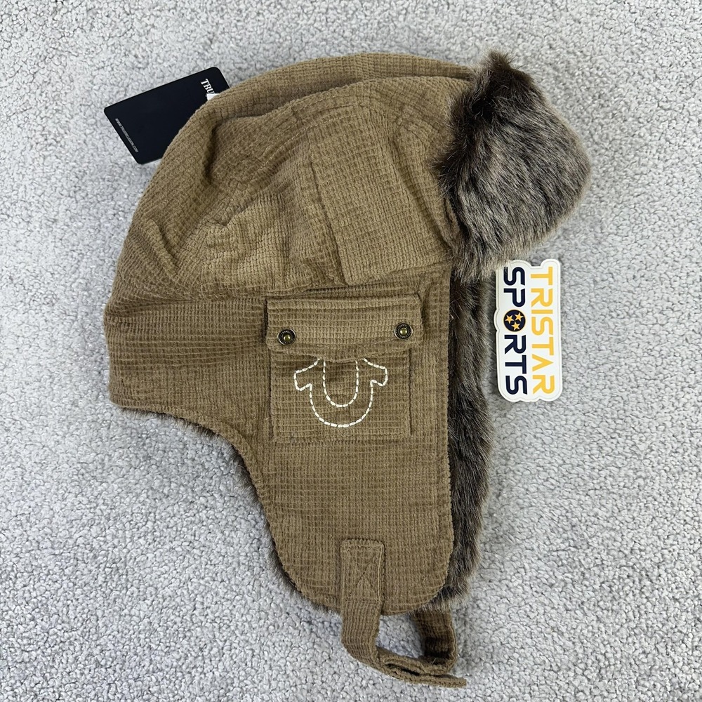 True Religion Hat Trapper Fitted Mens Camel Brown Faux Fur Lined Ear Flap Winter